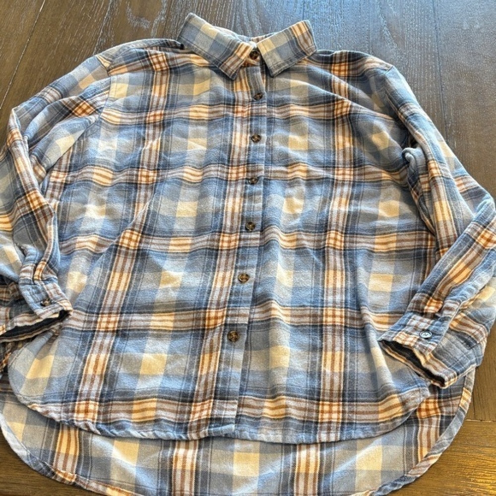 No Comment NY• LA Blue and Brown white  Plaid long sleeve boyfriend  Shirt M